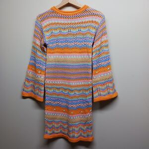 Thanne Crochet Mini Dress Women Size 8 Orange Stripes Flare Sleeves Retro Hippie